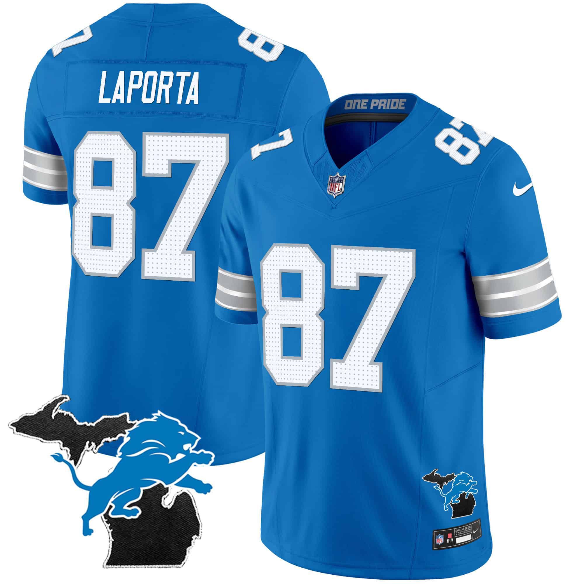 Men Detroit Lions #87 Laporta Blue 2024 Nike Michigan Patch Vapor Limited NFL Jersey